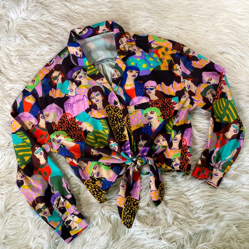 Abstract Lady Face Tie Waist Button Up Blouse